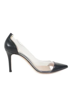 Black paneled leather and PVC Plexi pointed toe pumps