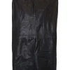 Black paneled leather high-rise midi godet skirt with double-welt hip pockets