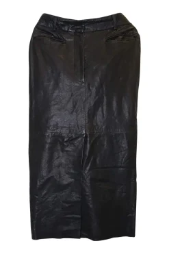 Black paneled leather high-rise midi godet skirt with double-welt hip pockets