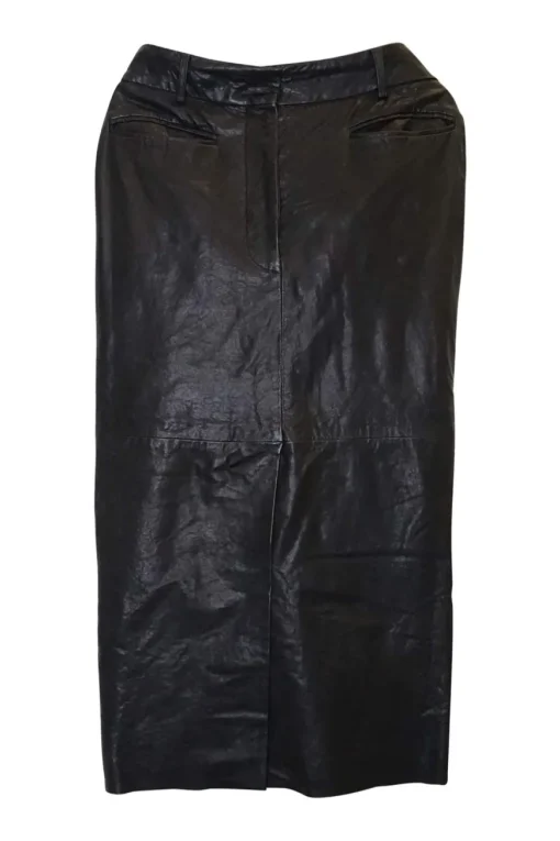 Black paneled leather high-rise midi godet skirt with double-welt hip pockets