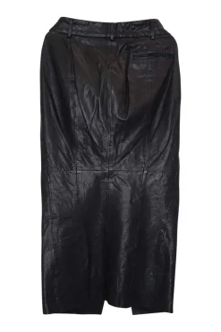 Black paneled leather high-rise midi godet skirt with double-welt hip pockets