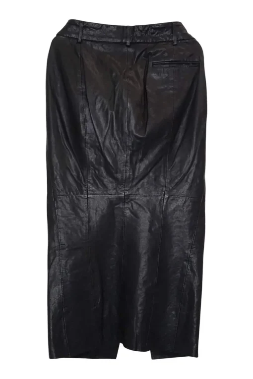 Black paneled leather high-rise midi godet skirt with double-welt hip pockets