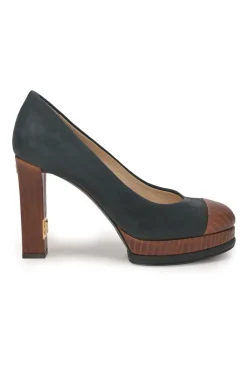 Black paneled leather round-toe block heel stacked platform pumps with contrasting cap toe