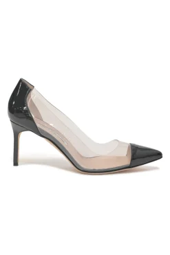 Black paneled PVC and patent leather pointed-toe Pacha pumps