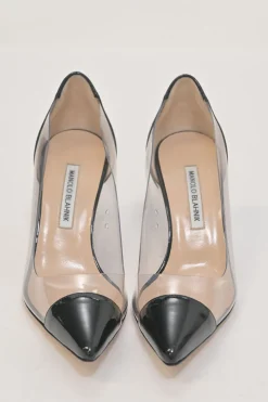 Black paneled PVC and patent leather pointed-toe Pacha pumps