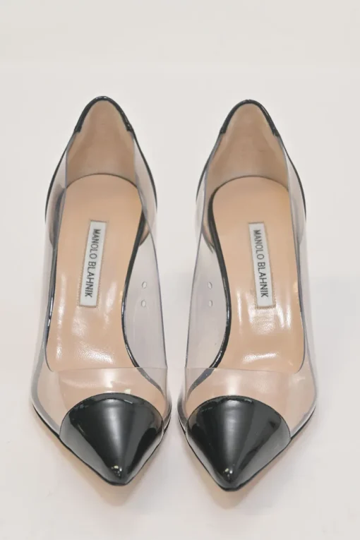 Black paneled PVC and patent leather pointed-toe Pacha pumps