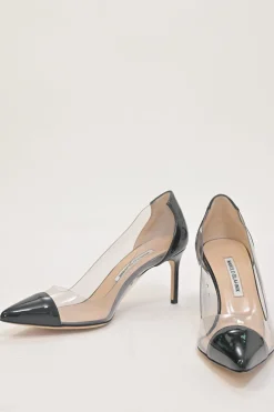 Black paneled PVC and patent leather pointed-toe Pacha pumps
