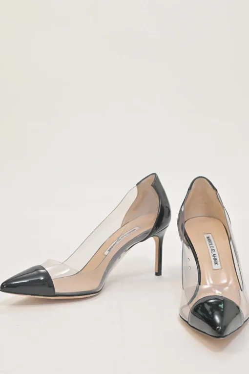Black paneled PVC and patent leather pointed-toe Pacha pumps