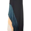 Black paneled silk asymmetric midi skirt with contrasting tiered satin hem inserts