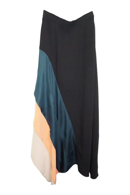 Black paneled silk asymmetric midi skirt with contrasting tiered satin hem inserts