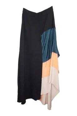 Black paneled silk asymmetric midi skirt with contrasting tiered satin hem inserts