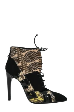 Black paneled suede mixed-media pointed-toe lace-up booties