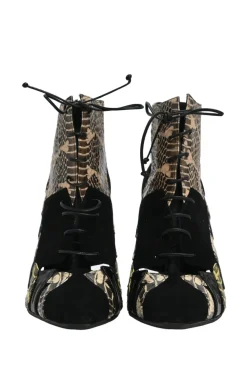 Black paneled suede mixed-media pointed-toe lace-up booties
