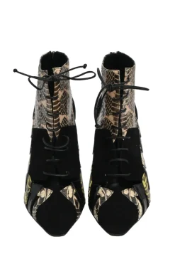 Black paneled suede mixed-media pointed-toe lace-up booties