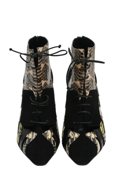 Black paneled suede mixed-media pointed-toe lace-up booties