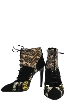Black paneled suede mixed-media pointed-toe lace-up booties