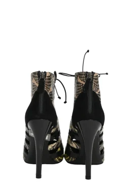Black paneled suede mixed-media pointed-toe lace-up booties
