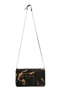 Black panther print calf hair crossbody flap clutch bag