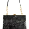 Black patent croc print  in a gold clasp frame bag, with round crystal embellishment and crystal clasp.