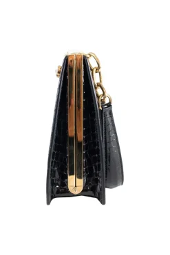 Black patent croc print  in a gold clasp frame bag, with round crystal embellishment and crystal clasp.