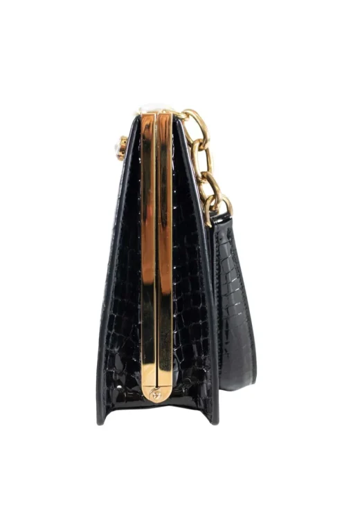 Black patent croc print  in a gold clasp frame bag, with round crystal embellishment and crystal clasp.