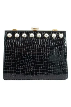 Black patent croc print  in a gold clasp frame bag, with round crystal embellishment and crystal clasp.