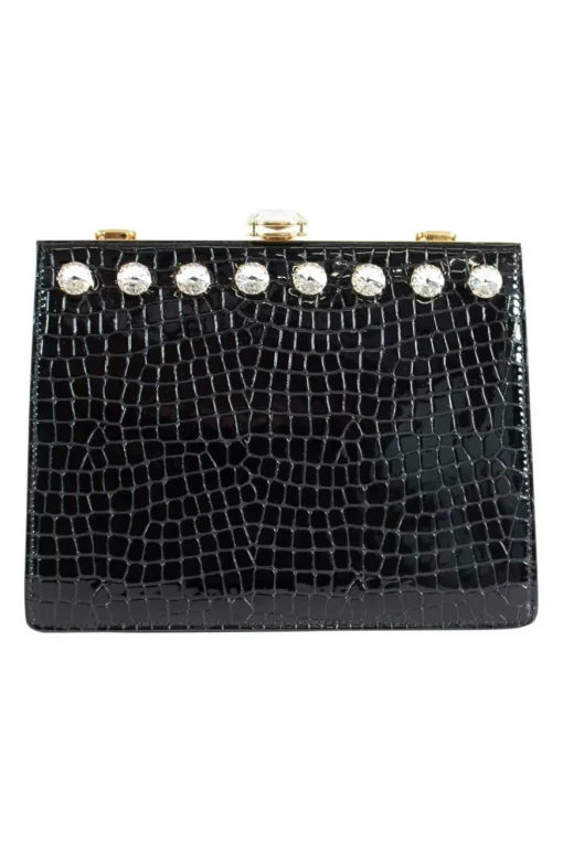 Black patent croc print  in a gold clasp frame bag, with round crystal embellishment and crystal clasp.