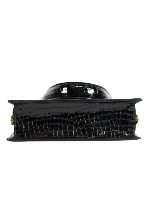 Black patent croc print  in a gold clasp frame bag, with round crystal embellishment and crystal clasp.