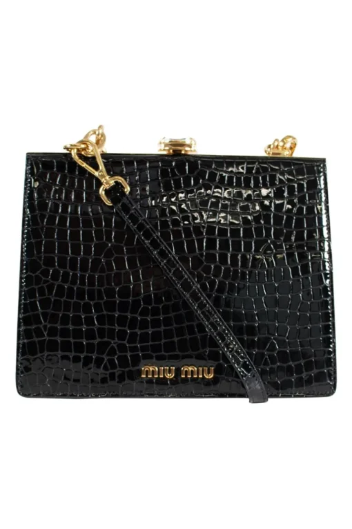 Black patent croc print  in a gold clasp frame bag, with round crystal embellishment and crystal clasp.