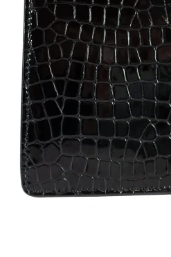 Black patent croc print  in a gold clasp frame bag, with round crystal embellishment and crystal clasp.