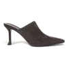 Black patent leather and suede heeled mules with chiseled square toes