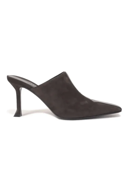 Black patent leather and suede heeled mules with chiseled square toes