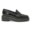 Black patent leather and calfskin round-toe penny-style pinked edge loafers with chainlink vamp appliqué