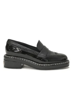 Black patent leather and calfskin round-toe penny-style pinked edge loafers with chainlink vamp appliqué