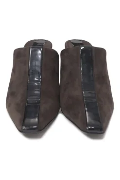 Black patent leather and suede heeled mules with chiseled square toes