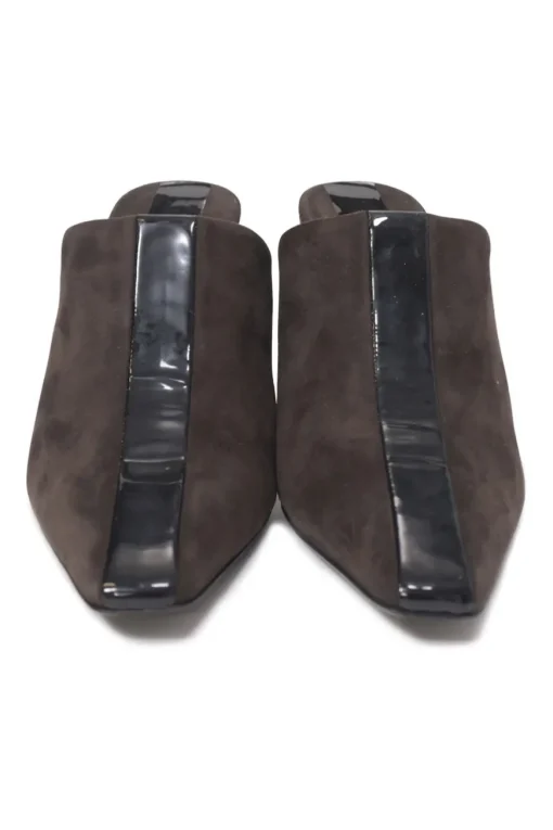 Black patent leather and suede heeled mules with chiseled square toes