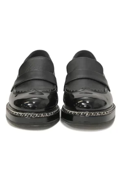Black patent leather and calfskin round-toe penny-style pinked edge loafers with chainlink vamp appliqué