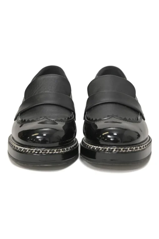 Black patent leather and calfskin round-toe penny-style pinked edge loafers with chainlink vamp appliqué