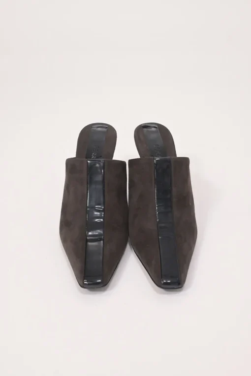 Black patent leather and suede heeled mules with chiseled square toes