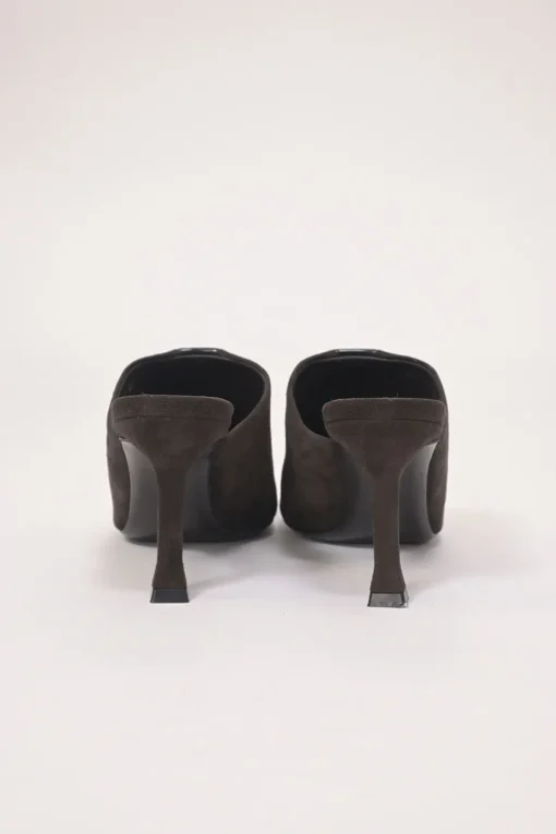 Black patent leather and suede heeled mules with chiseled square toes