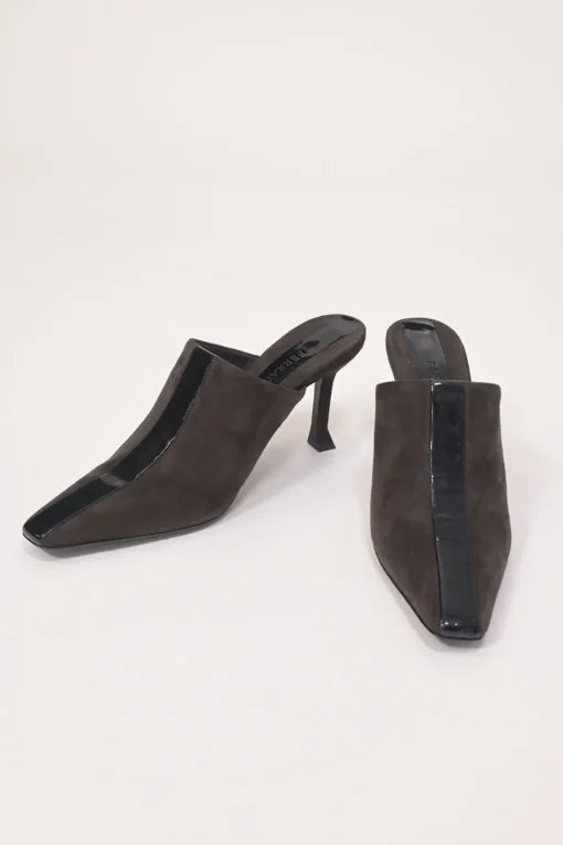Black patent leather and suede heeled mules with chiseled square toes