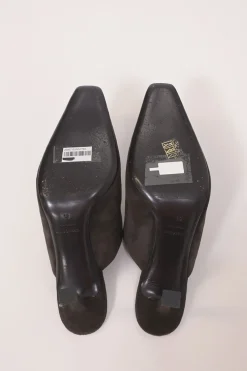 Black patent leather and suede heeled mules with chiseled square toes