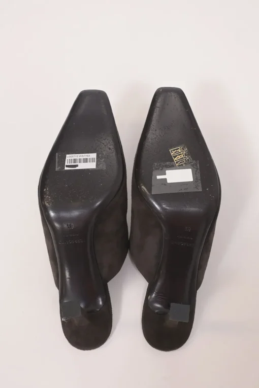 Black patent leather and suede heeled mules with chiseled square toes