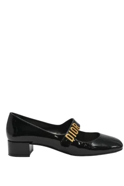 Black patent leather Baby D ballet Mary Jane pumps with logo plaque strap