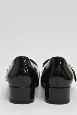Black patent leather Baby D ballet Mary Jane pumps with logo plaque strap