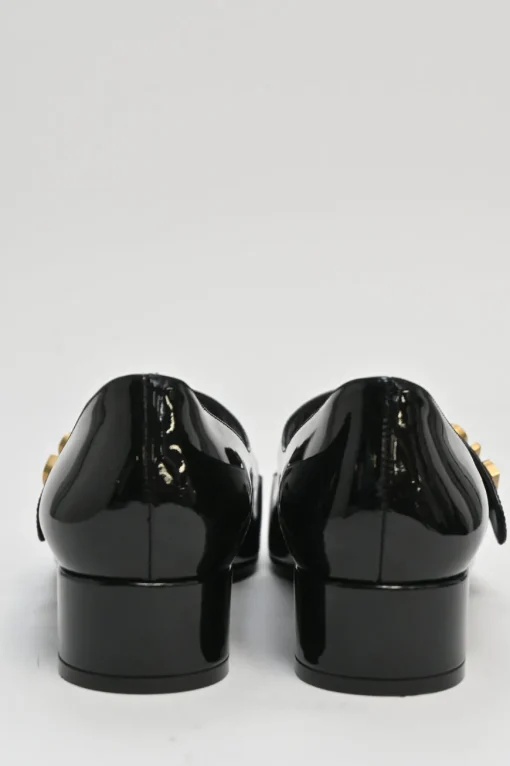Black patent leather Baby D ballet Mary Jane pumps with logo plaque strap