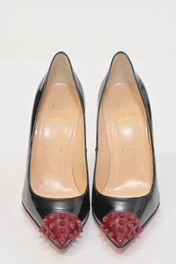 Black patent leather Geo Spike 105 pointed-toe pumps with contrasting spike cap toe