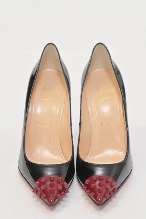 Black patent leather Geo Spike 105 pointed-toe pumps with contrasting spike cap toe
