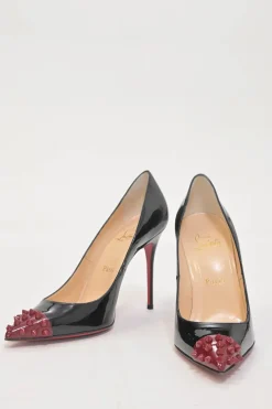 Black patent leather Geo Spike 105 pointed-toe pumps with contrasting spike cap toe