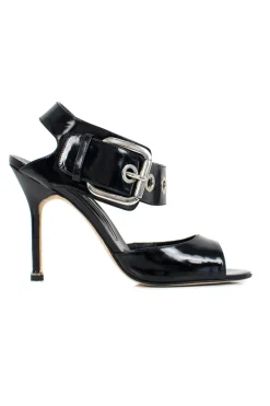 Black patent leather open high-heel pump with silver over-sized buckle detail